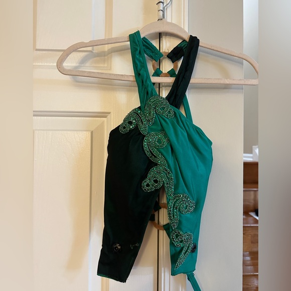 Custom Made Emerald Green Appliqué Dance Costume - Pants with Crossed Top - Picture 8 of 13